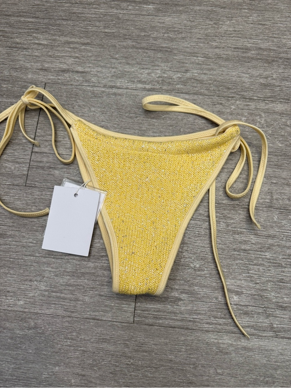 Asta Resort Mia Knitted Bikini Bottom Butter Yellow Sequin Tie Side M NWT Luxe